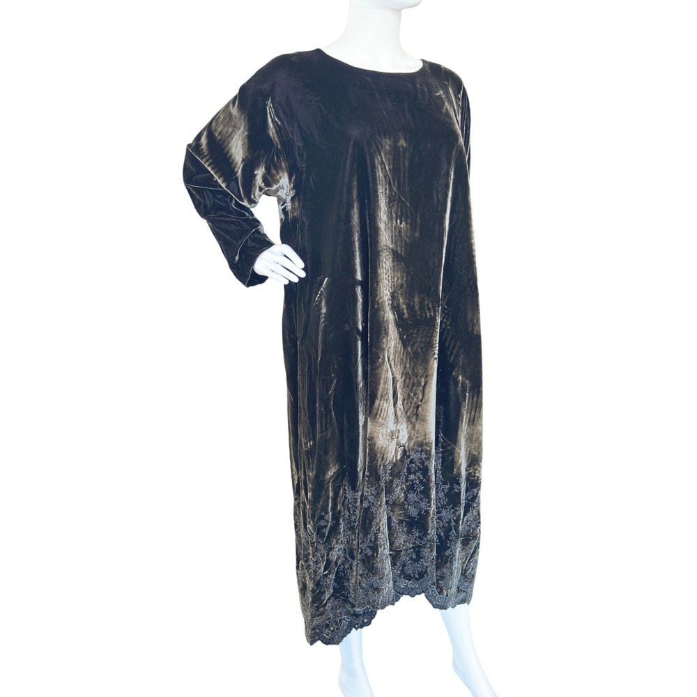 Eskandar Brown Velvet Tunic Shift Dress Floral Embroidered Scalloped Hem KC